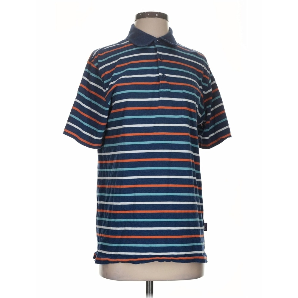 Patagonia Mens Small Striped Short Sleeve Polo Shirt Blue Orange White Pocket